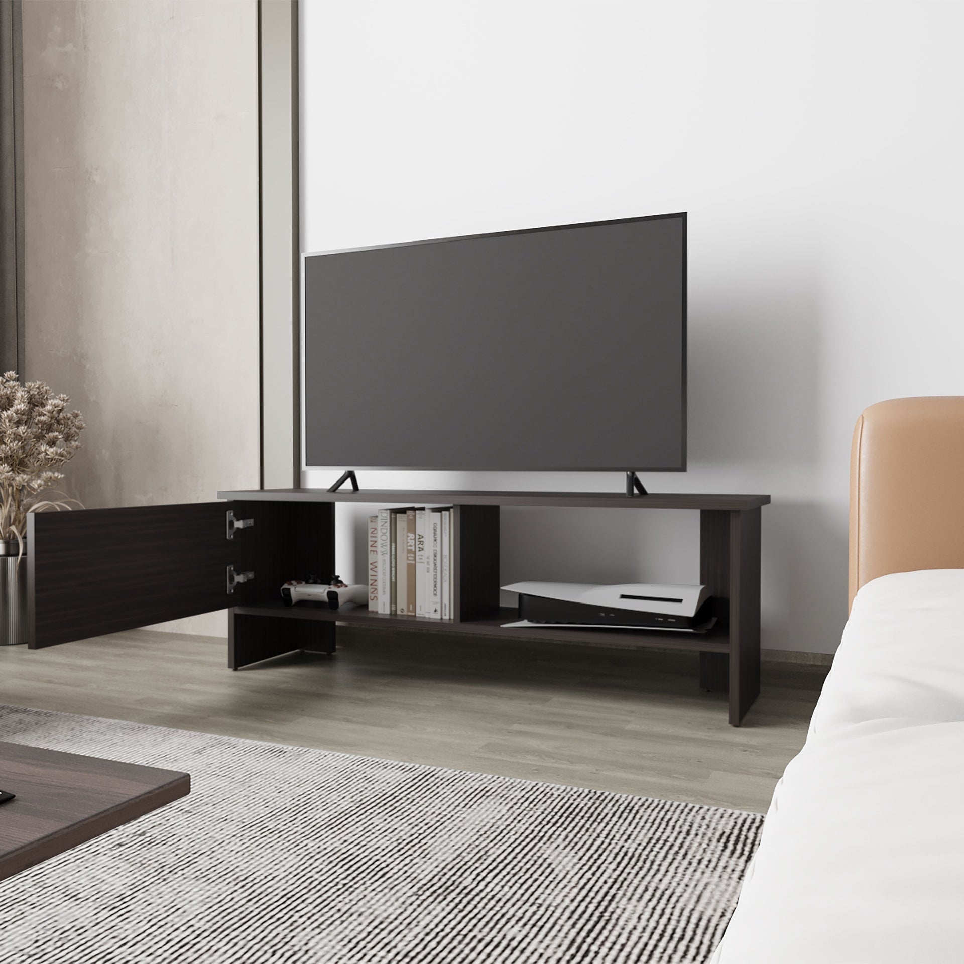 Rock Point Entertainment Center with a Door and Open Storage,  Stained Walnut