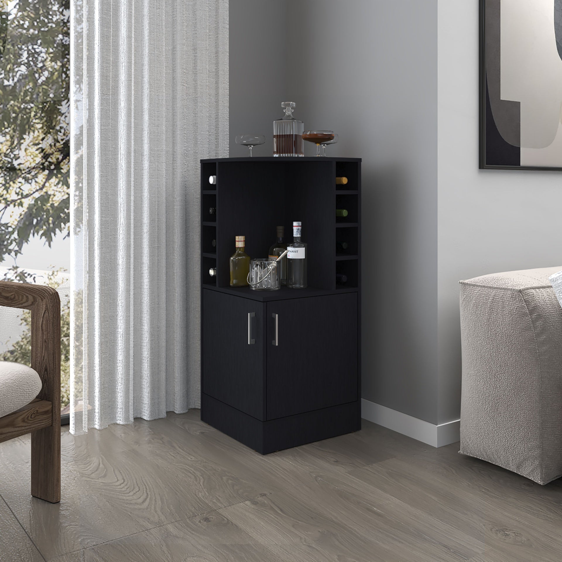 FM FURNITURE Toyei Corner Bar Cabinet with Bottle Rack, Open Shelves, and Hidden Storage, Black