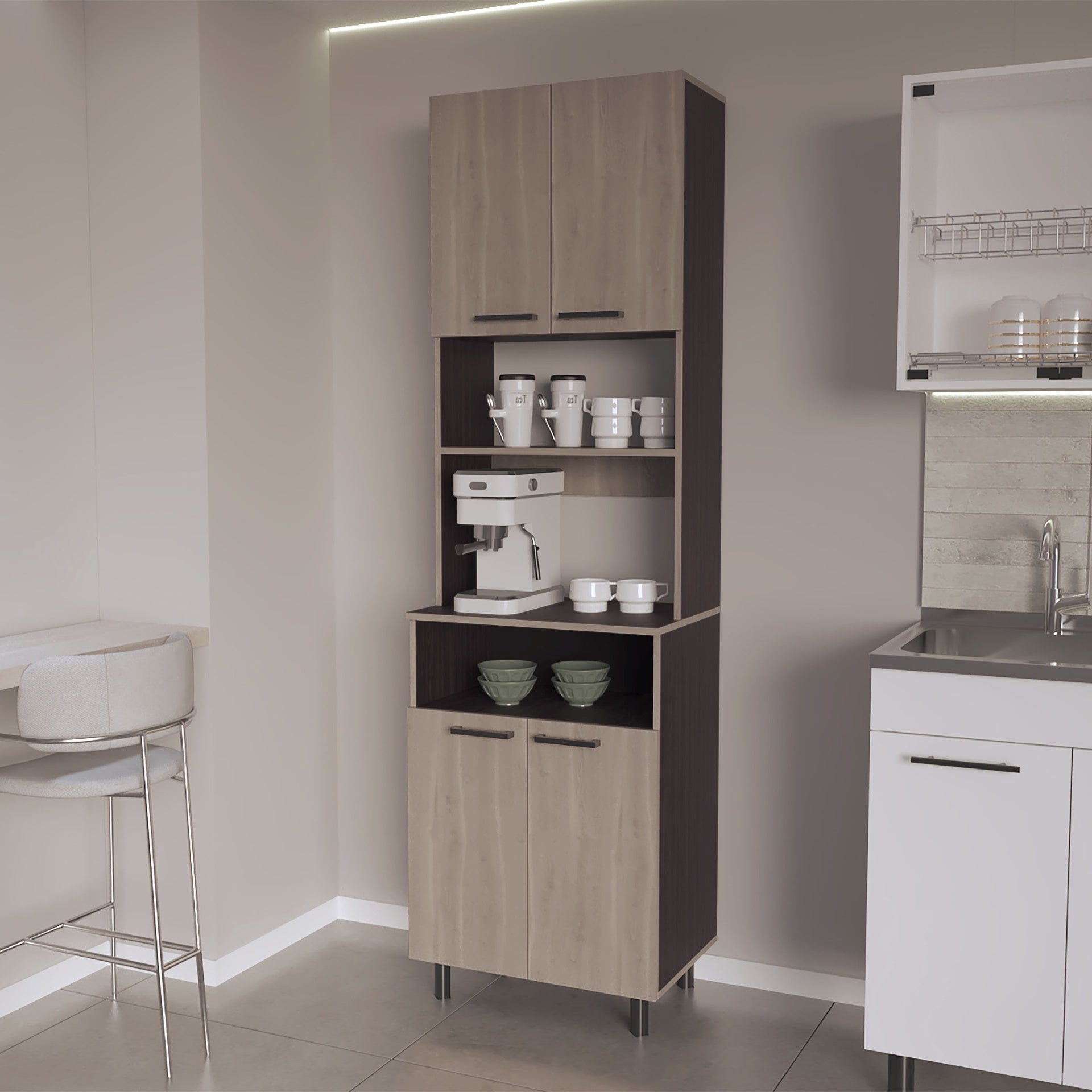 FM FURNITURE Bullhead City Kitchen Pantry with Open Storage and 4 Doors,  White Oak and Wengue