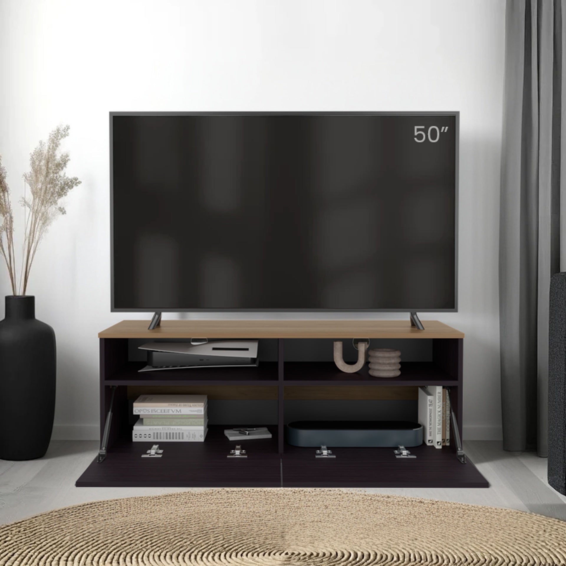 FM FURNITURE Mescal Tv Stand Multistorage with a Door and Open Storage, Wenge and Natural Oak