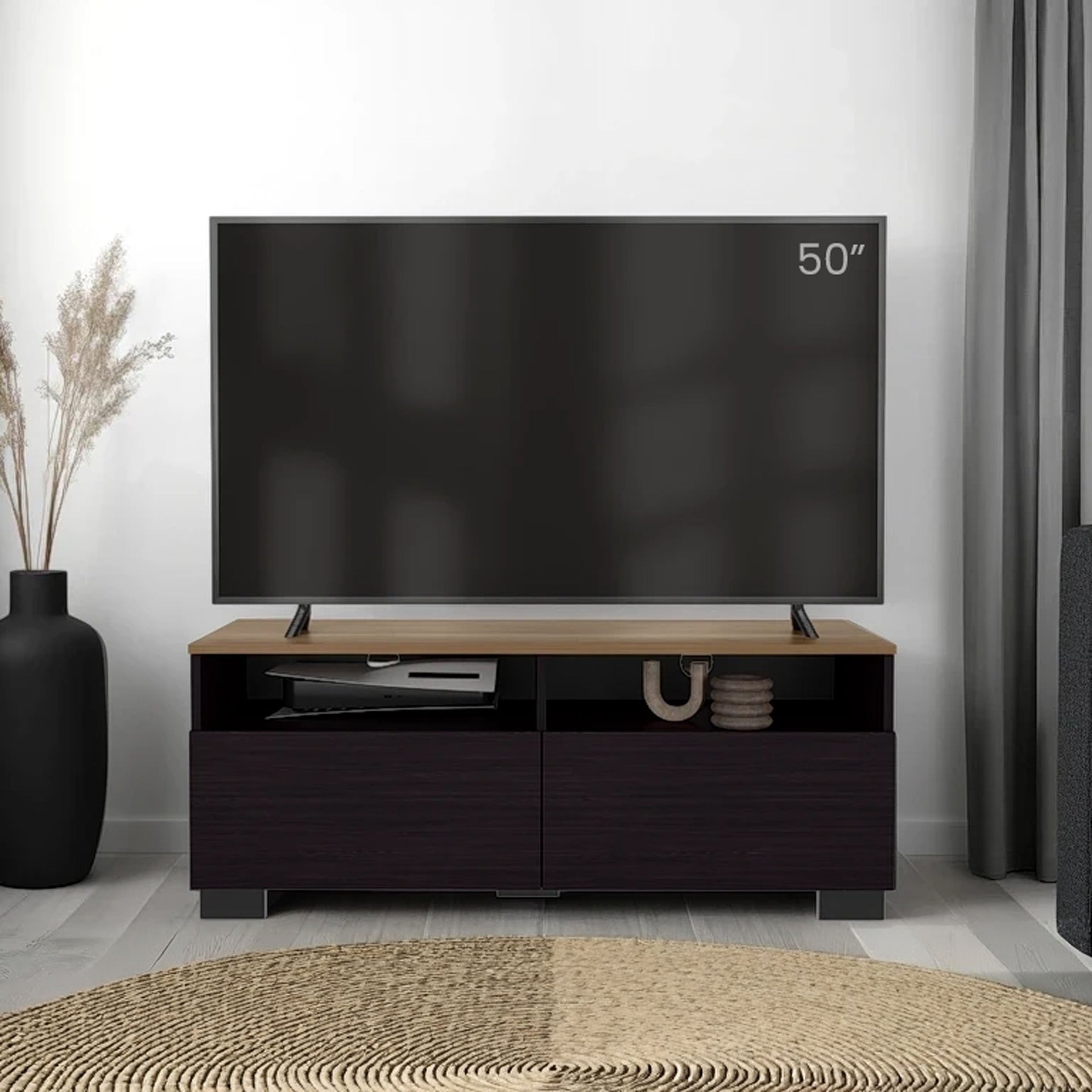 FM FURNITURE Mescal Tv Stand Multistorage with a Door and Open Storage, Wenge and Natural Oak