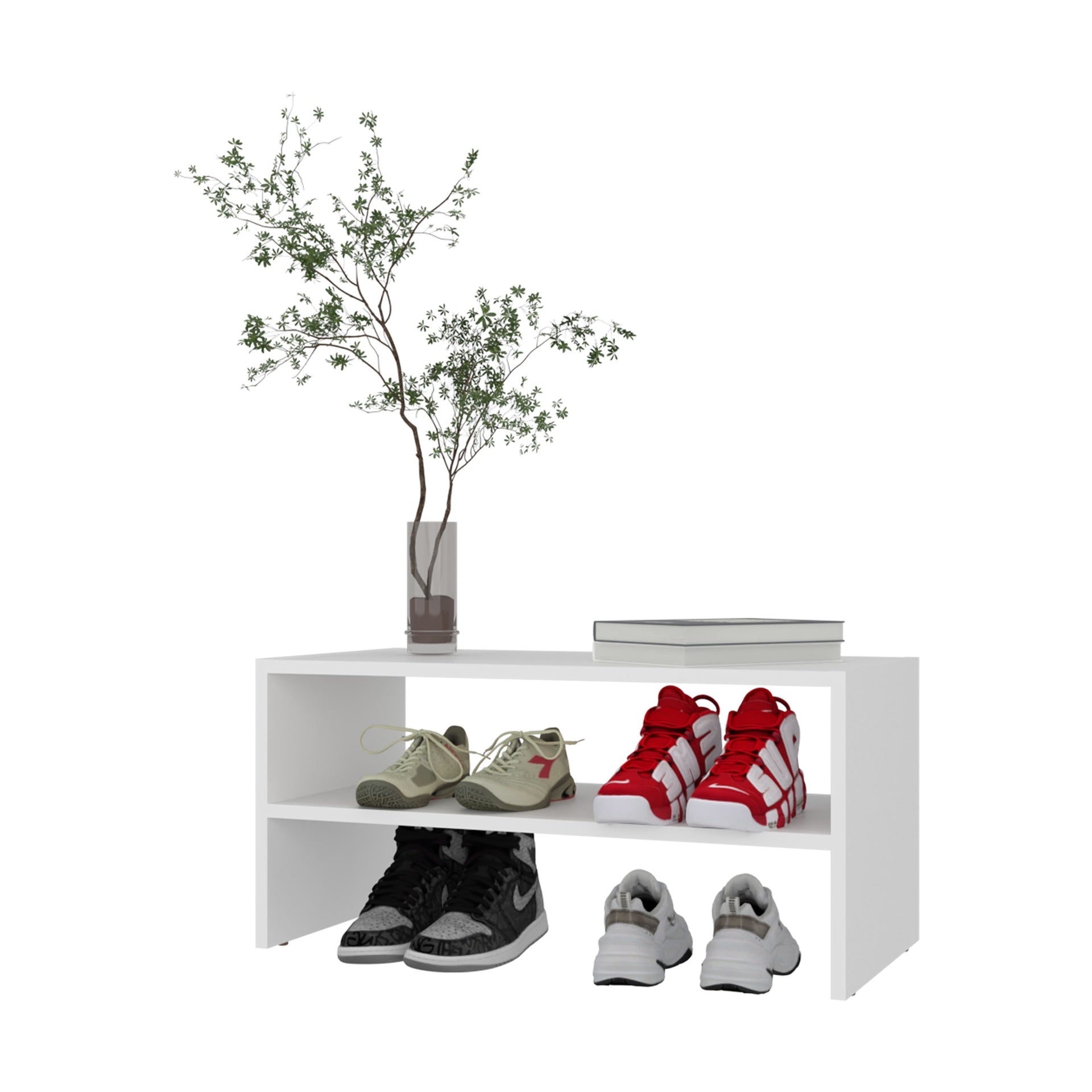 Shoe Rack, 2 Open Shelves, Low Horizontal Design, Freestanding Unit, Bedroom Use, White