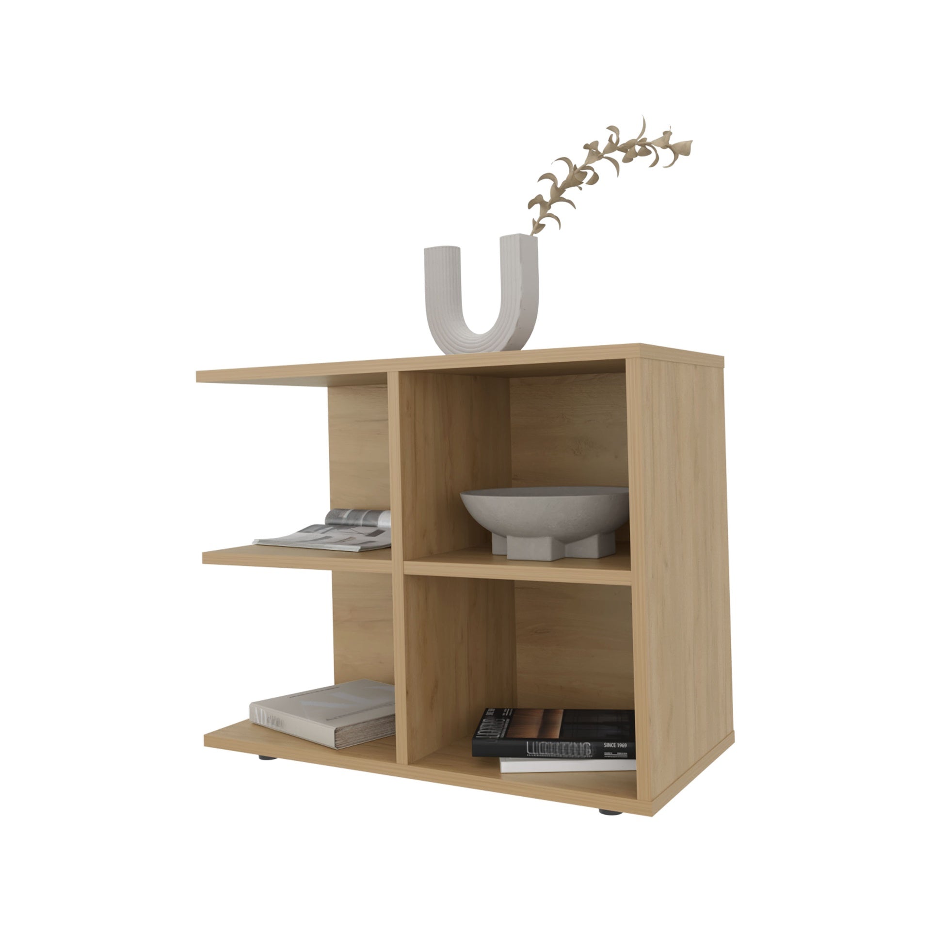 Angus Side Table with Open Storage and 4 Shelves, Natural Oak