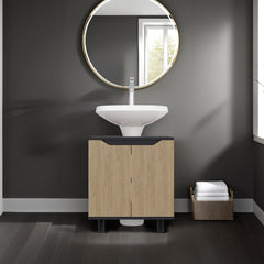 FM FURNITURE Jerome Under Sink Storage Cabinet with Double Doors and Adjustable Shelves, Natural Oak and Black