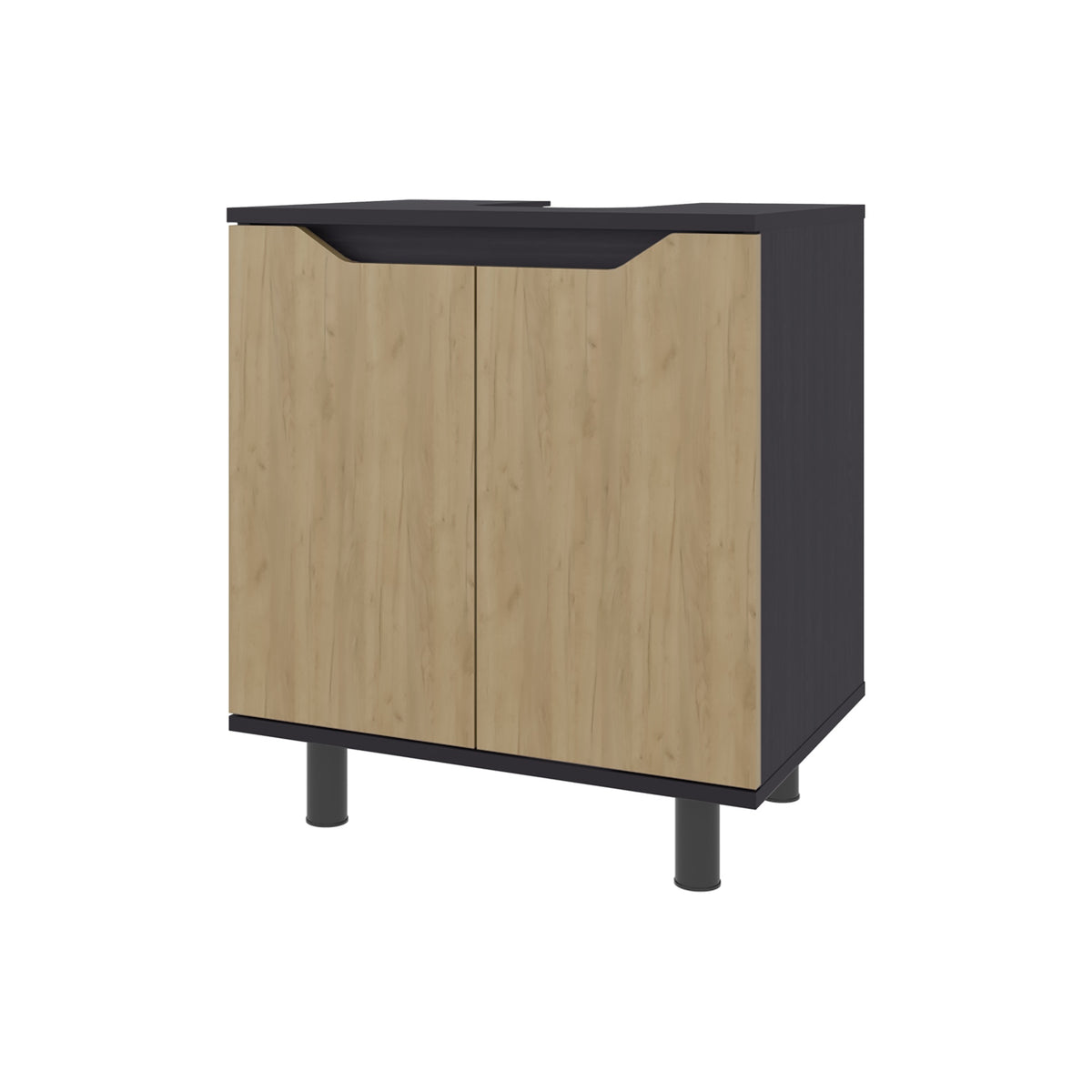 FM FURNITURE Jerome Under Sink Storage Cabinet with Double Doors and Adjustable Shelves, Natural Oak and Black