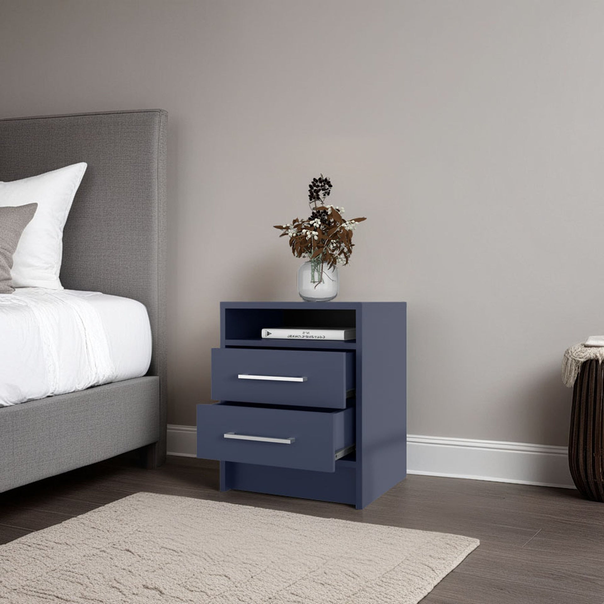 LEE JA Nightstand, 2 Drawers, Open Shelf, Modern Bedroom Storage, Kronos Blue
