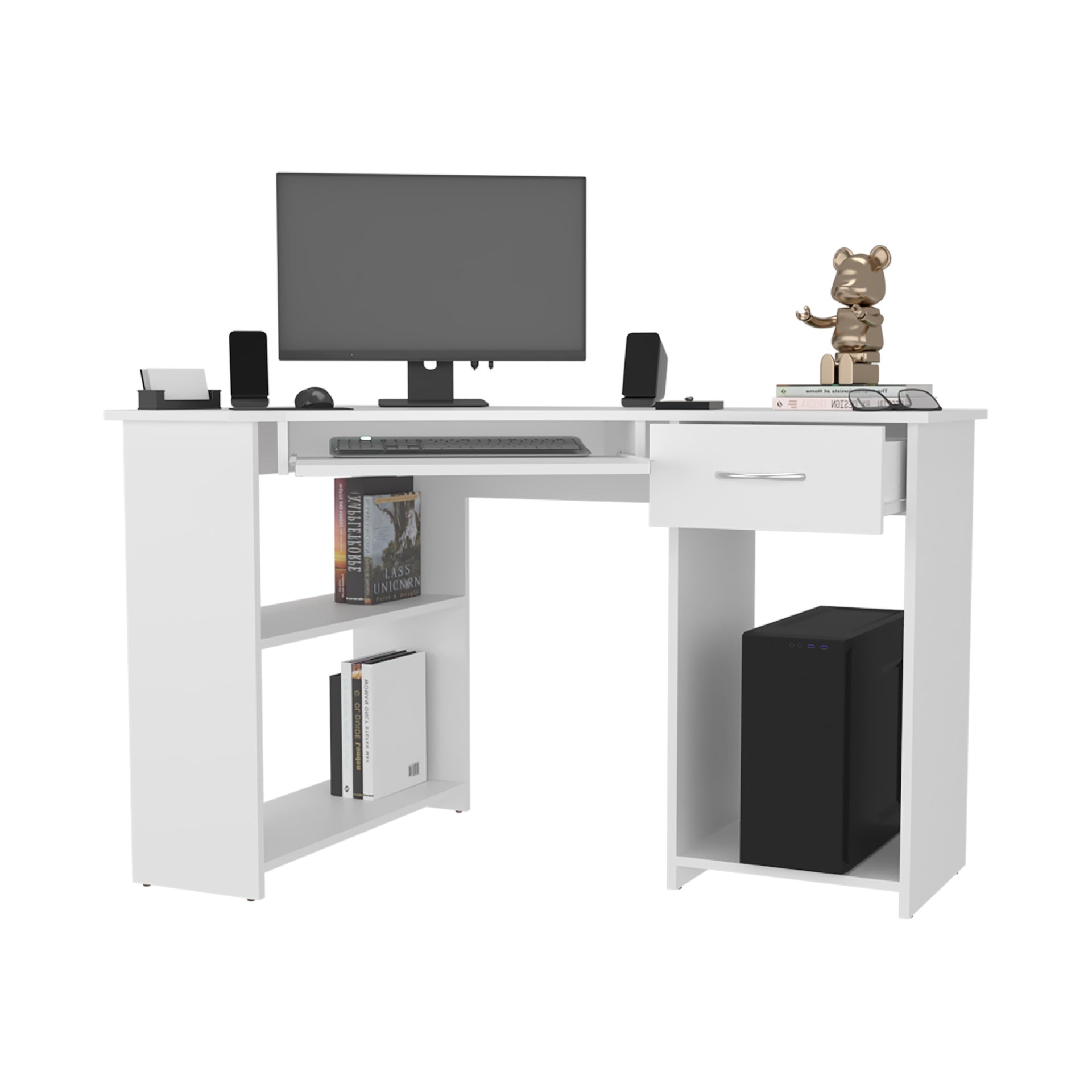 EKKO Corner Computer Desk, L-Shaped Home Office Desk with Drawer, Shelves, and CPU Space