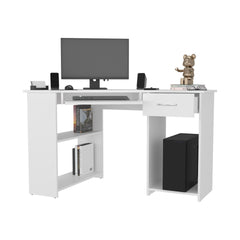 EKKO Corner Computer Desk, L-Shaped Home Office Desk with Drawer, Shelves, and CPU Space