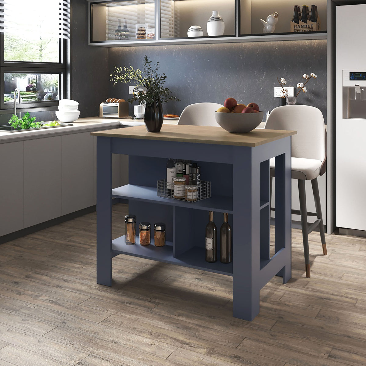 Arlington isla de cocina, diseño moderno con estantes abiertos, almacenamiento multifuncional en kronos fresno y kronos azul