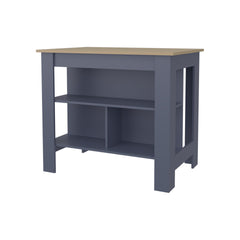 Arlington isla de cocina, diseño moderno con estantes abiertos, almacenamiento multifuncional en kronos fresno y kronos azul