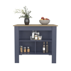 Arlington isla de cocina, diseño moderno con estantes abiertos, almacenamiento multifuncional en kronos fresno y kronos azul