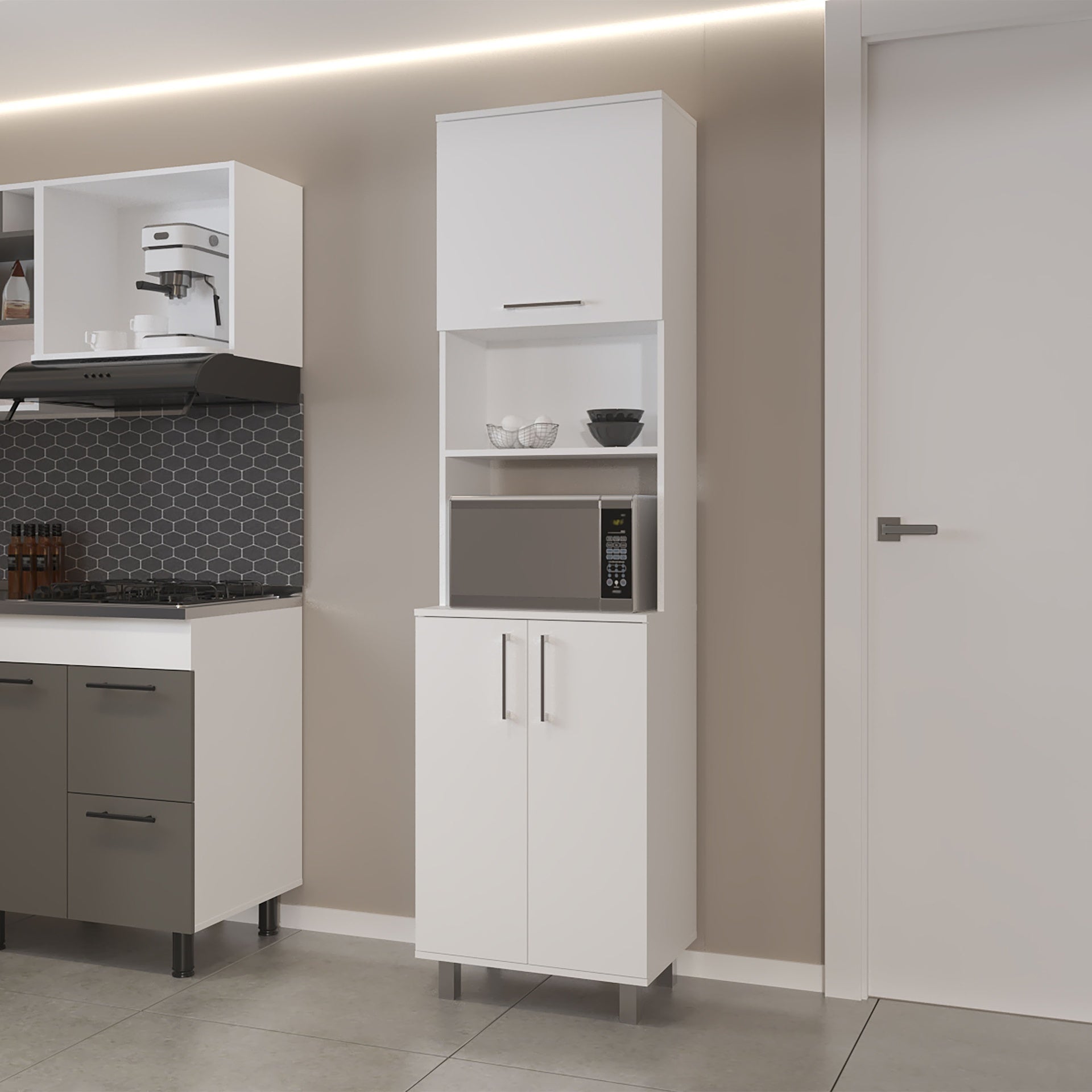Kayenta Kitchen Pantry with 2 Pneumatic Door, Open Storage, and Bottom Cabinet, White.