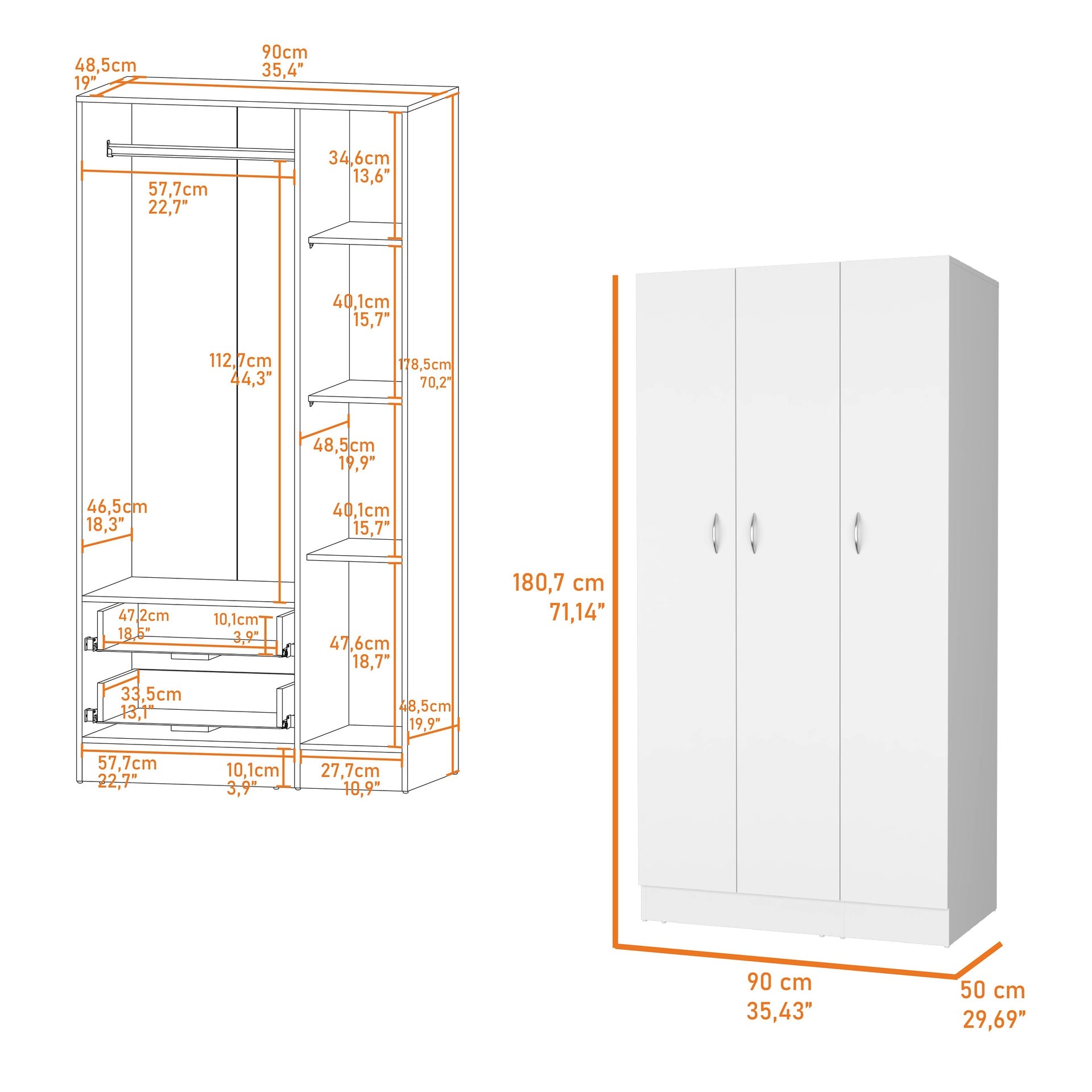 Casper Wardrobe with 2-Drawers, Hanging Rod and 3-Doors
