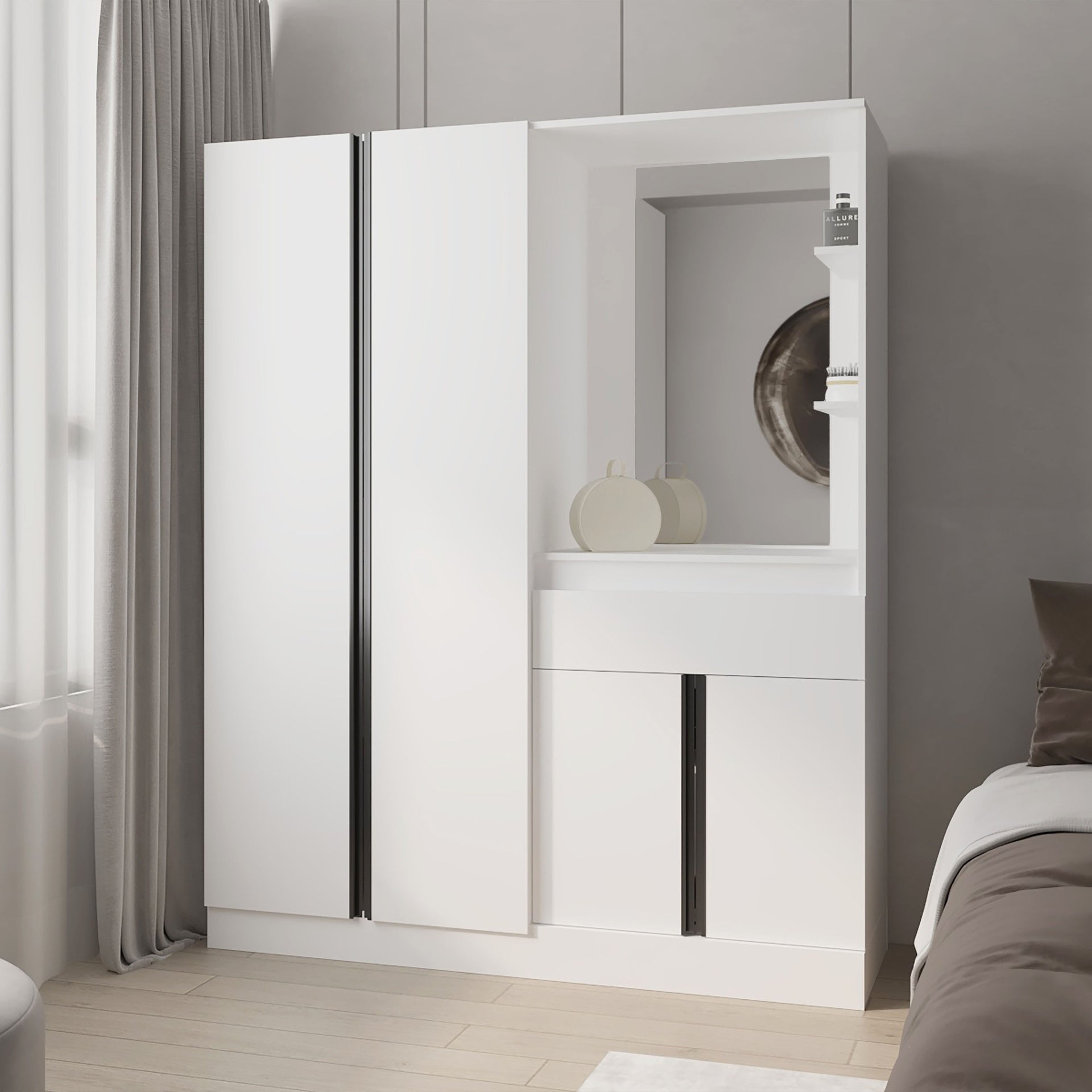 CaneMulti-Functional Wardrobe with Vanity Mirror and Storage, White