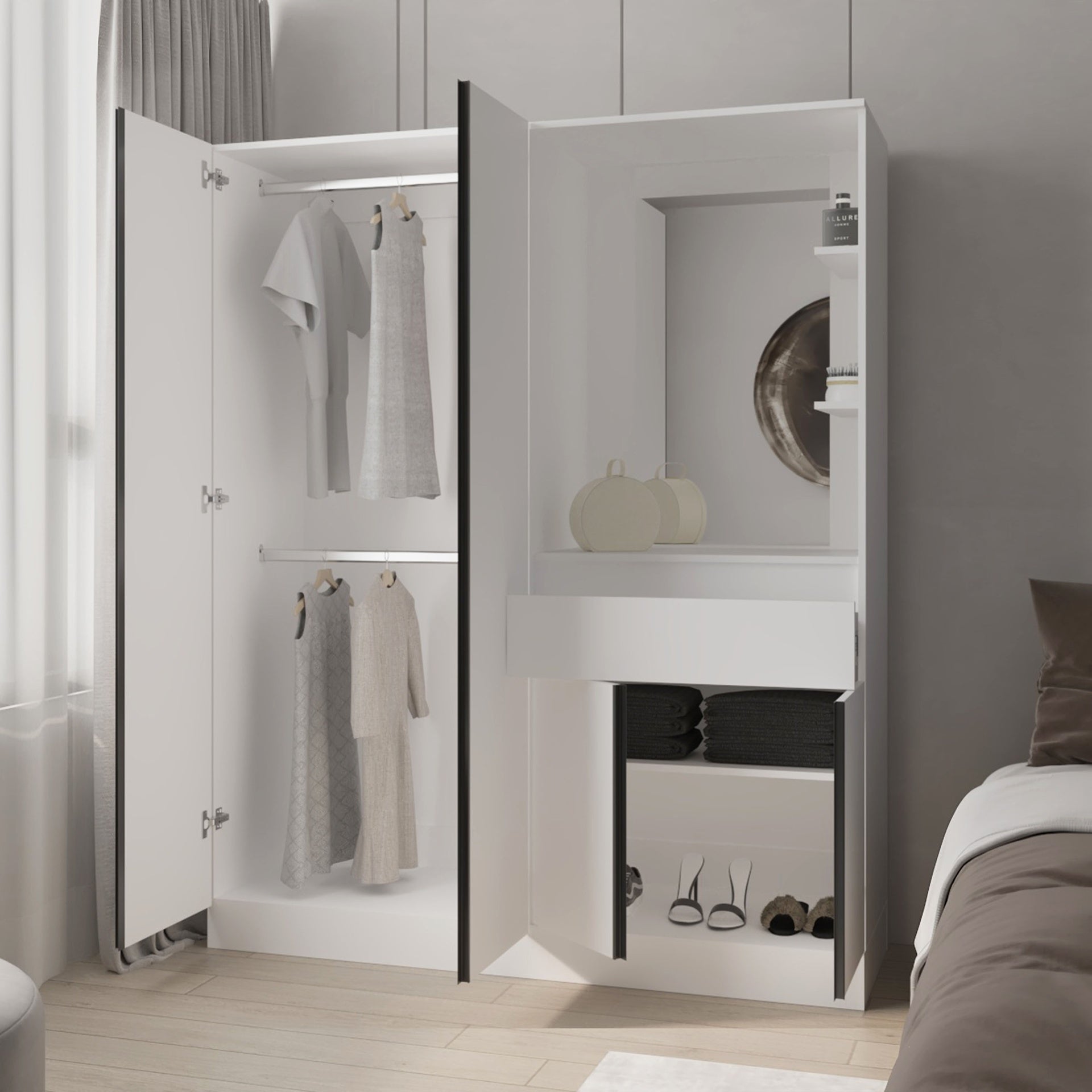 CaneMulti-Functional Wardrobe with Vanity Mirror and Storage, White