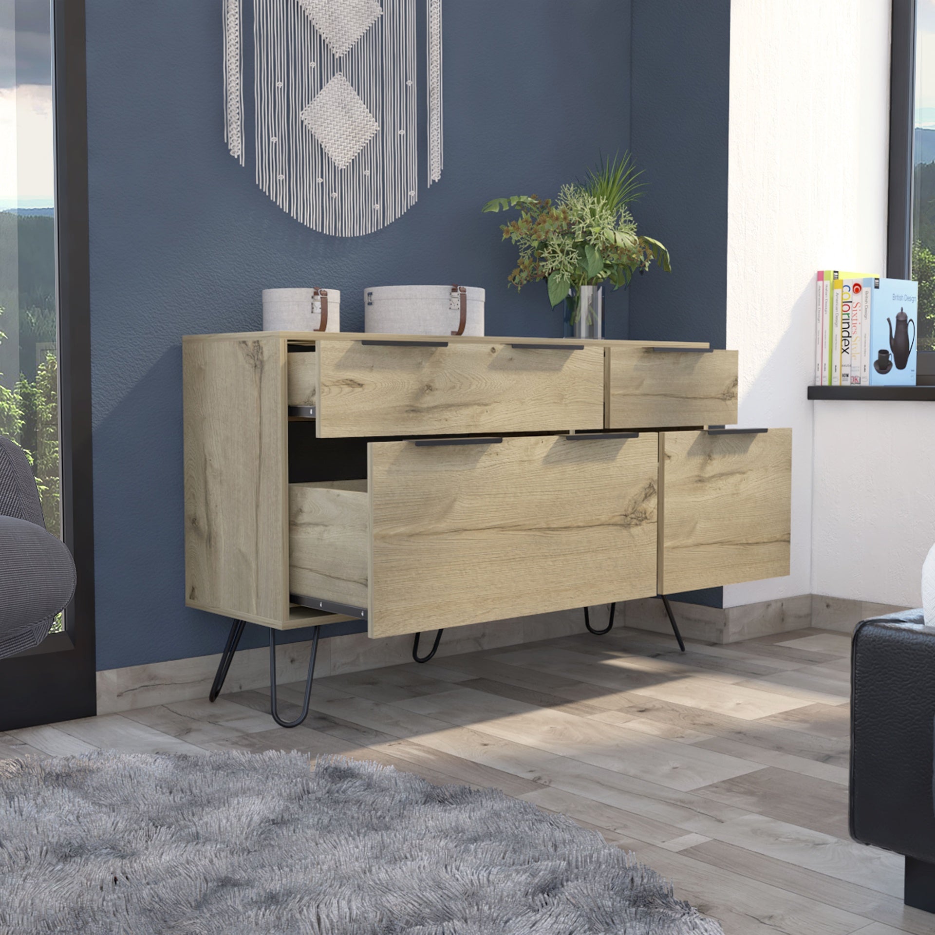 Monaco Double Dresser, Four Drawers, Superior Top, Hairpin Legs