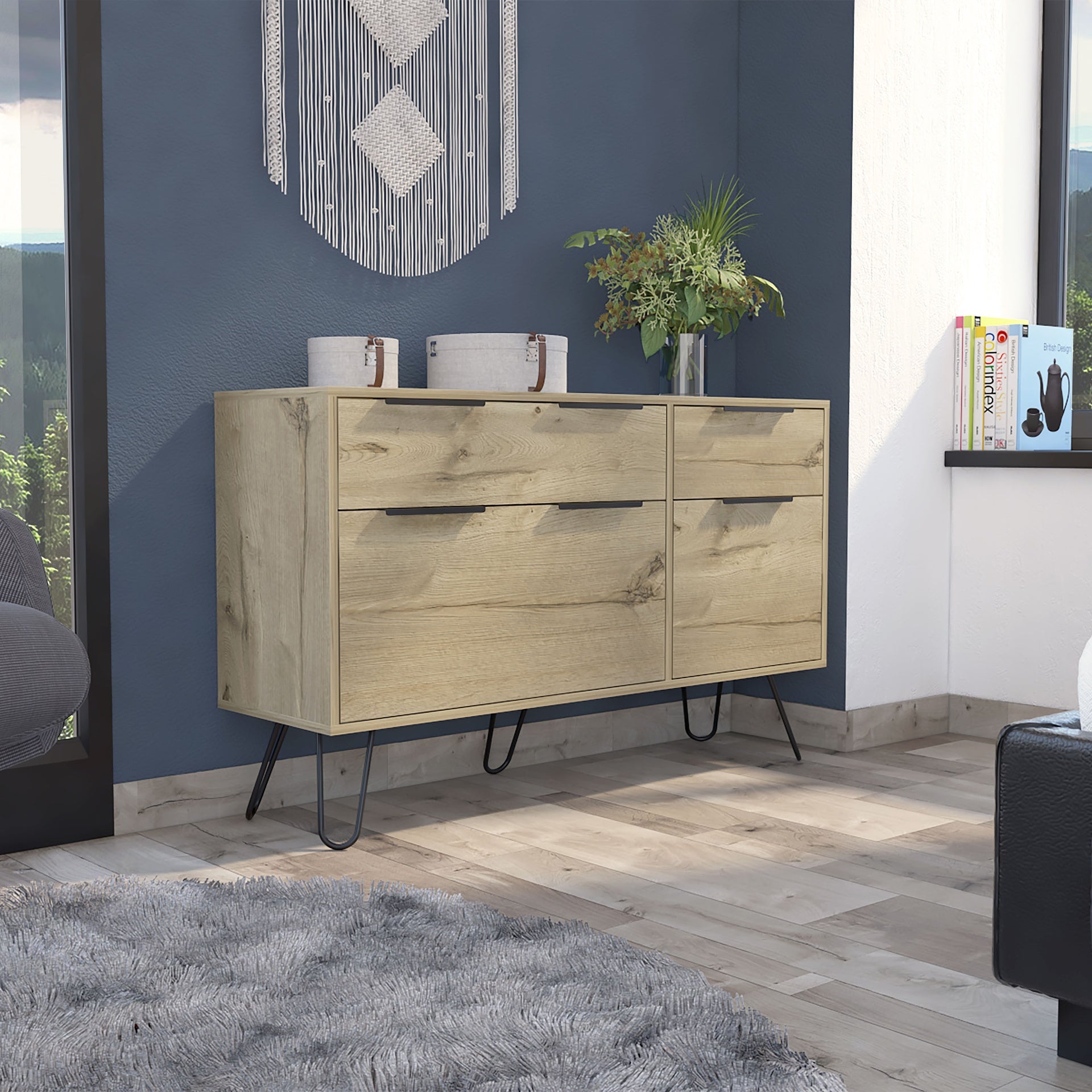 Monaco Double Dresser, Four Drawers, Superior Top, Hairpin Legs