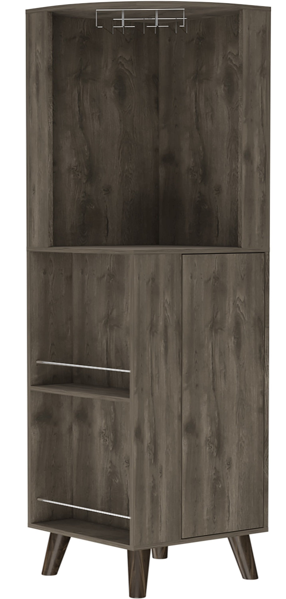 Quinn Corner Bar Cabinet, Two External Shelves, One Drawer, Two Interior Shelves
