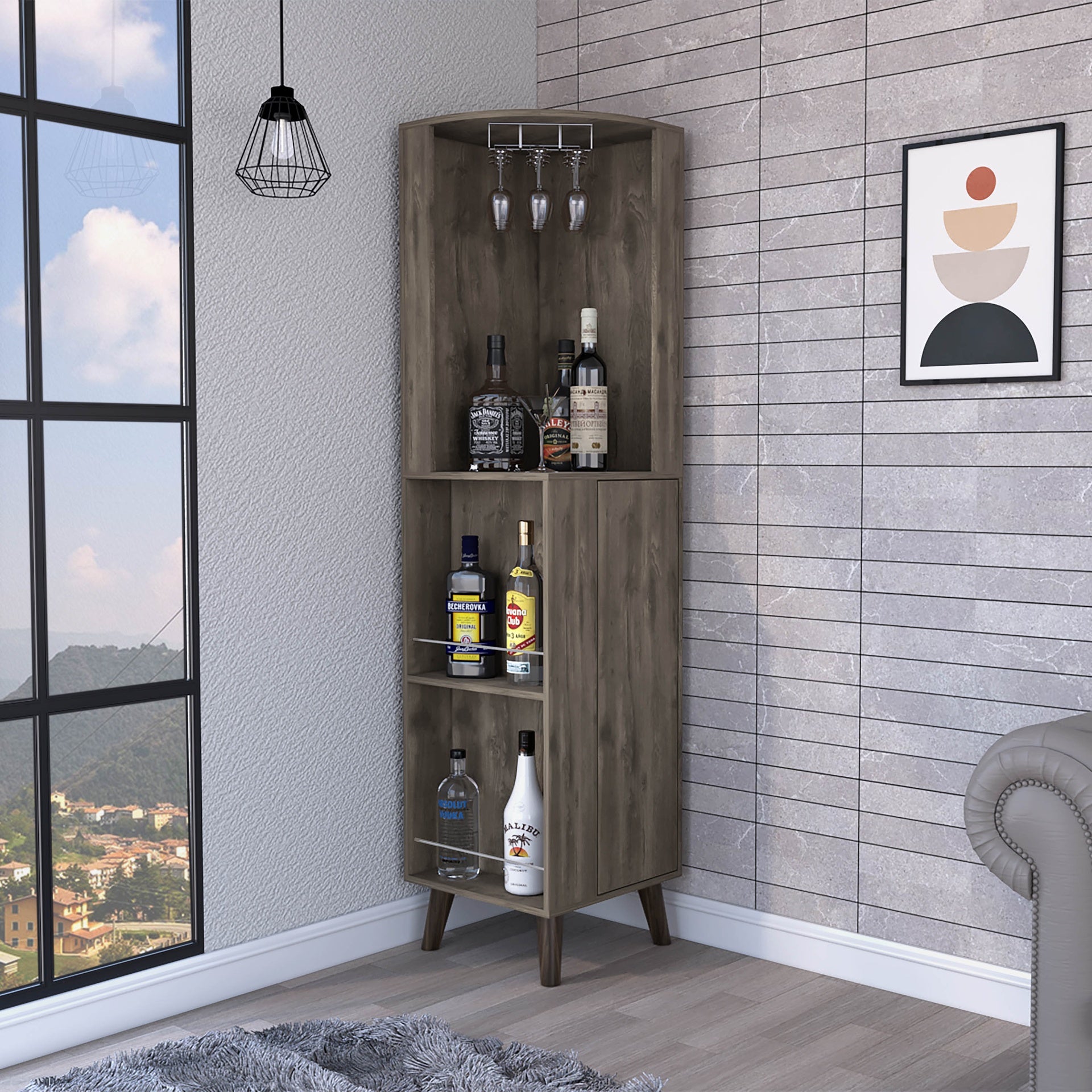 Quinn Corner Bar Cabinet, Two External Shelves, One Drawer, Two Interior Shelves