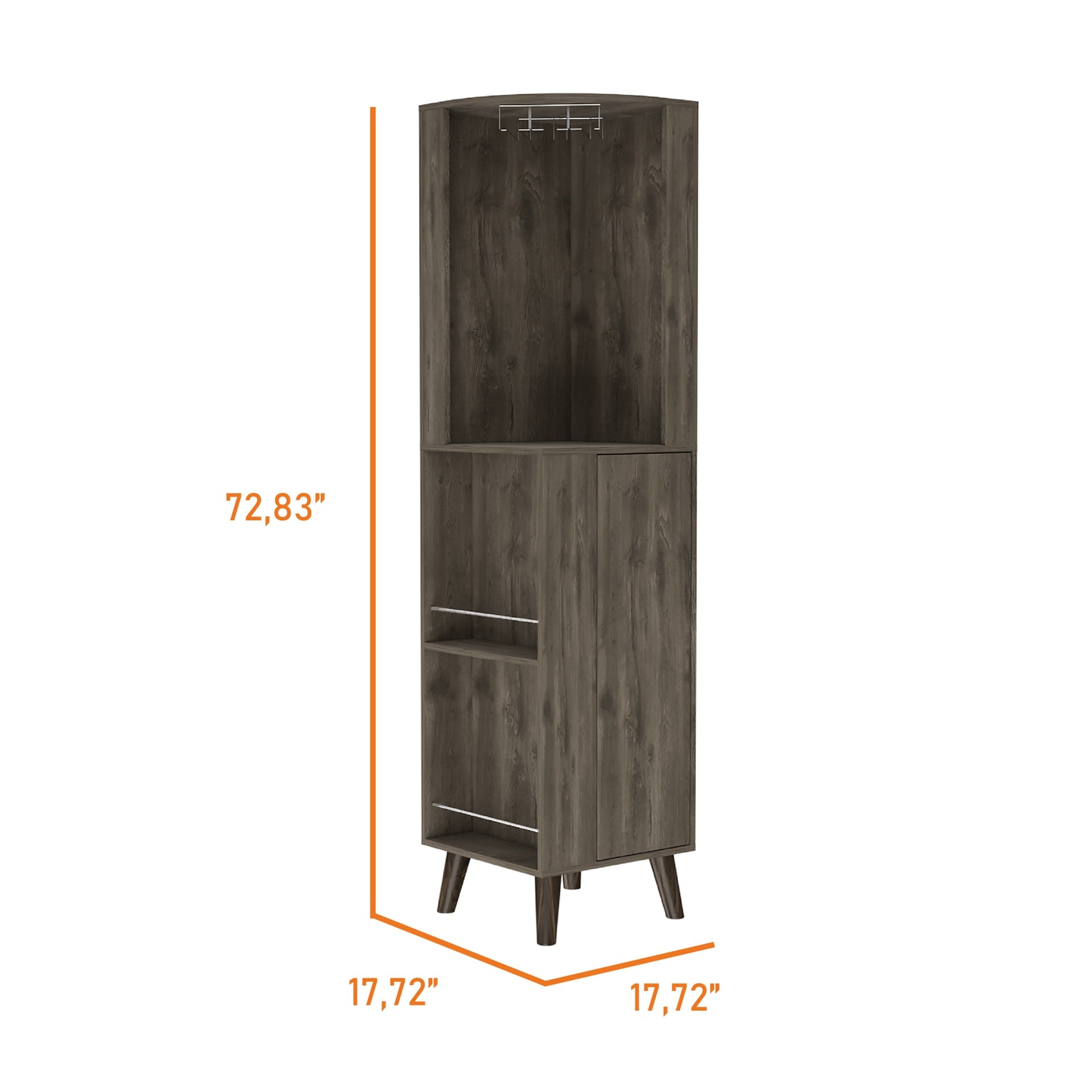 Quinn Corner Bar Cabinet, Two External Shelves, One Drawer, Two Interior Shelves