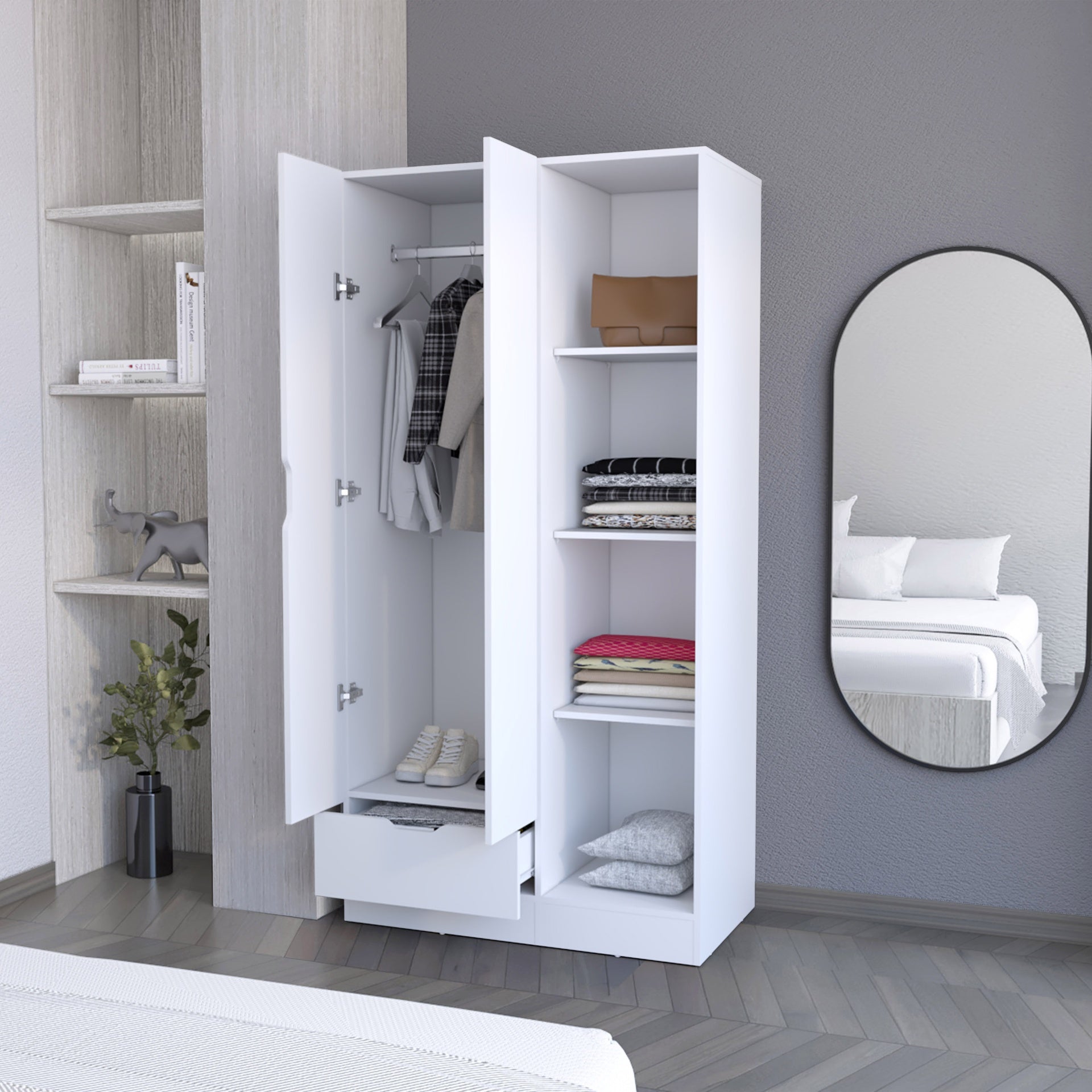 Redmond Armoire with Single Drawer, 4 Storage Shelves and Hanging Rod