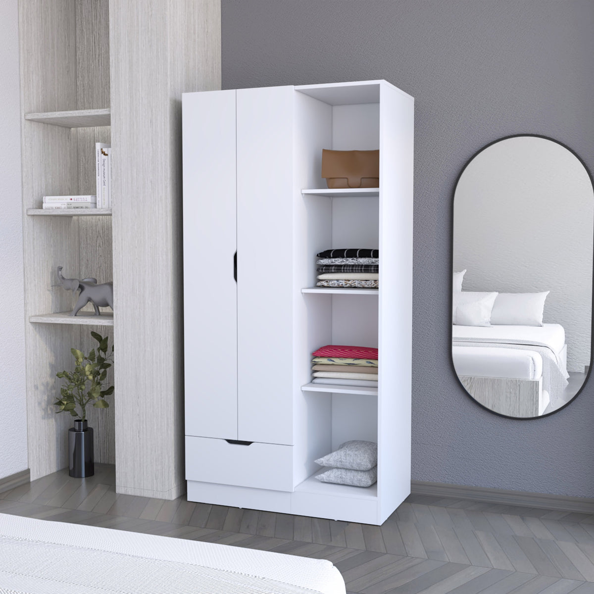 Redmond Armoire with Single Drawer, 4 Storage Shelves and Hanging Rod