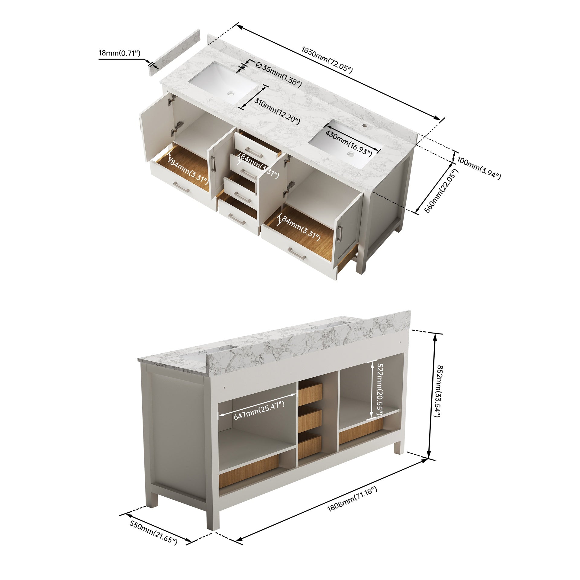 71" Modern Bathroom Vanity with Double Basins Sink, Free-standing White Vanity Cabinet with Faucet Hole
