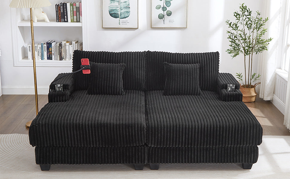 Modern Chaise Sofa 75.5" Chaise Lounge Sofa Loveseat Sofa Sleeper Sofa with Adjustable Backrest, Cup Holders , Phone Holder and Storage Compartments for Living Room, Black