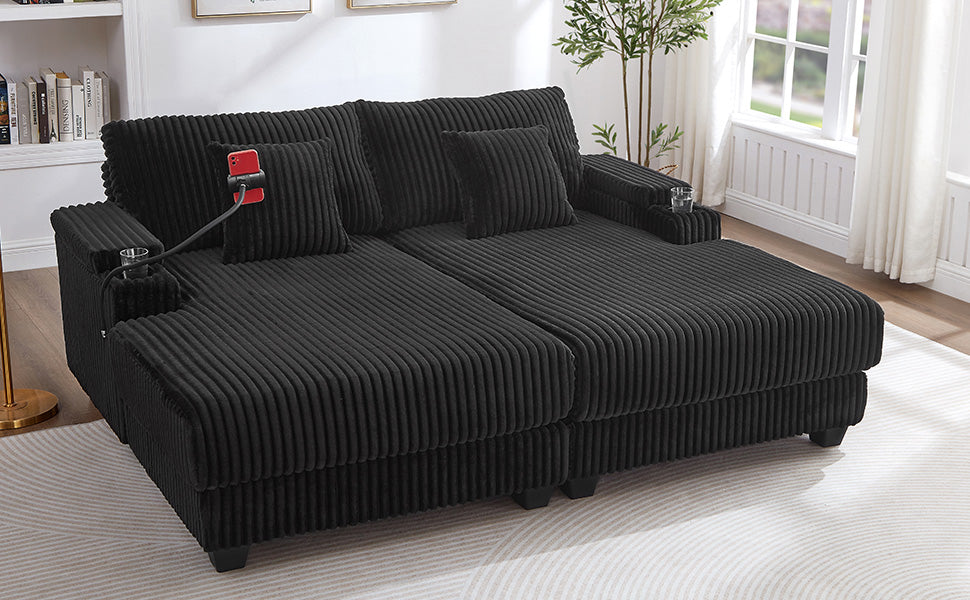 Modern Chaise Sofa 75.5" Chaise Lounge Sofa Loveseat Sofa Sleeper Sofa with Adjustable Backrest, Cup Holders , Phone Holder and Storage Compartments for Living Room, Black