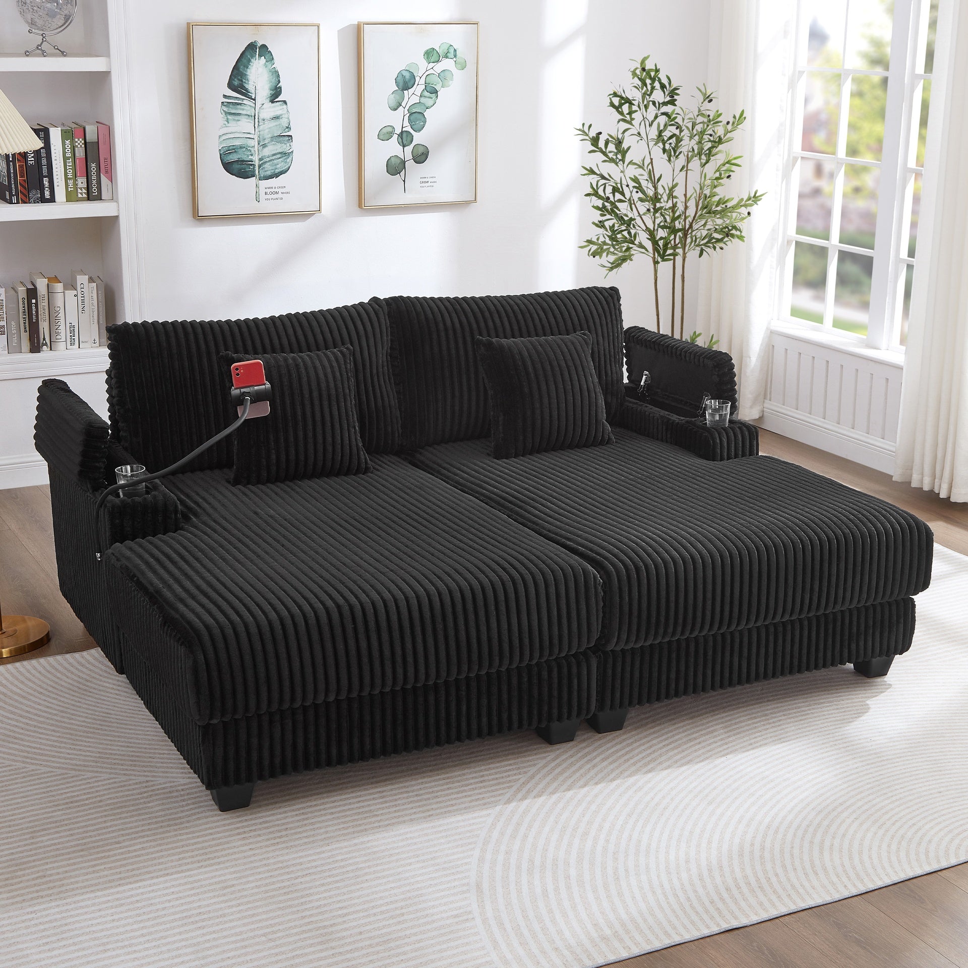 Modern Chaise Sofa 75.5" Chaise Lounge Sofa Loveseat Sofa Sleeper Sofa with Adjustable Backrest, Cup Holders , Phone Holder and Storage Compartments for Living Room, Black