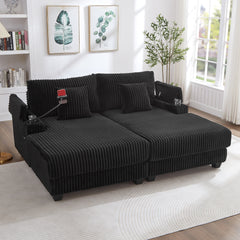 Modern Chaise Sofa 75.5" Chaise Lounge Sofa Loveseat Sofa Sleeper Sofa with Adjustable Backrest, Cup Holders , Phone Holder and Storage Compartments for Living Room, Black