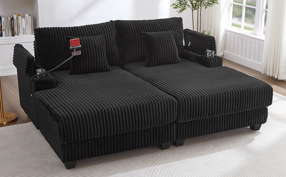 Modern Chaise Sofa 75.5" Chaise Lounge Sofa Loveseat Sofa Sleeper Sofa with Adjustable Backrest, Cup Holders , Phone Holder and Storage Compartments for Living Room, Black