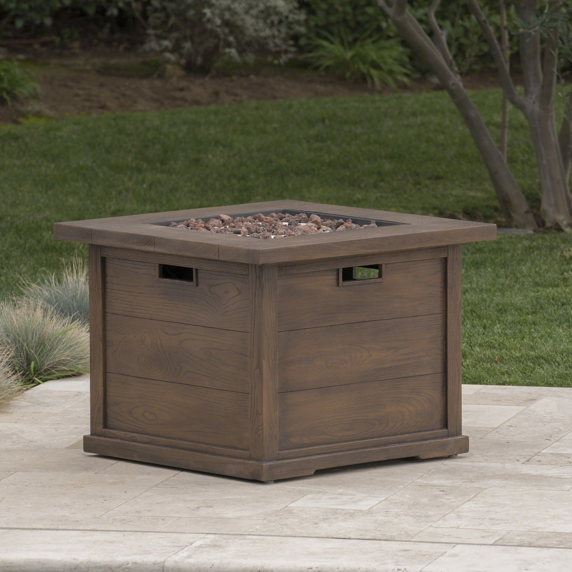 Outdoor Patio 24'' H x 32'' W Square Gas Burning MgO Fire Pit (Tank Inside), Brown with Wood Pattern - 40,000 BTU