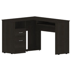 L-Shaped Desk, Keyboard Tray, Two Drawers, One Open Shelf, Black