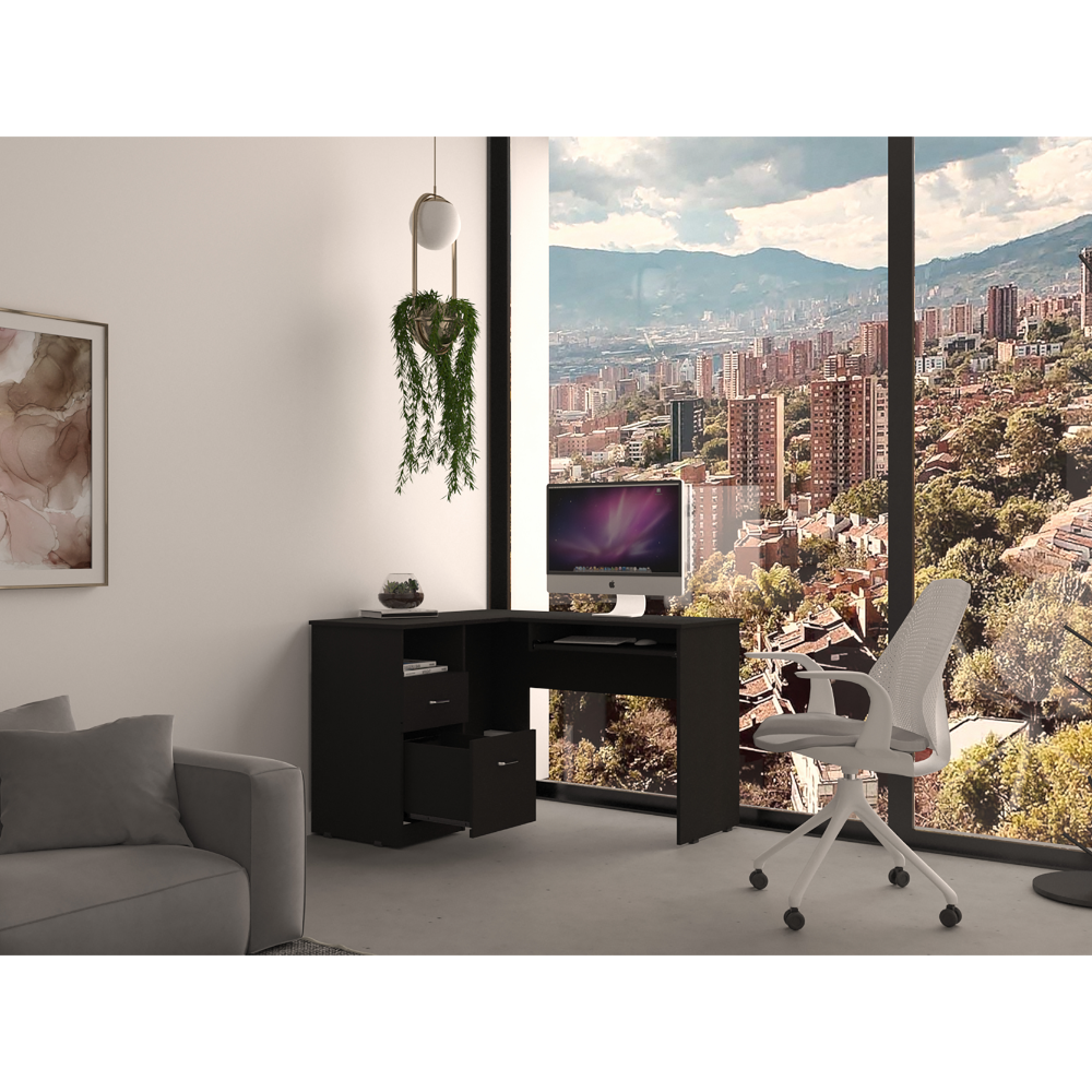 L-Shaped Desk, Keyboard Tray, Two Drawers, One Open Shelf, Black