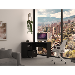 L-Shaped Desk, Keyboard Tray, Two Drawers, One Open Shelf, Black
