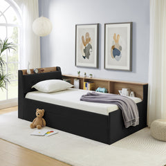 Twin Size Upholstery Velvet Height Adjustable Day Bed with Storage Headboard and Wireless Charging, Multi-functional Daybed with Trundle Bed & LED Lights, Black
