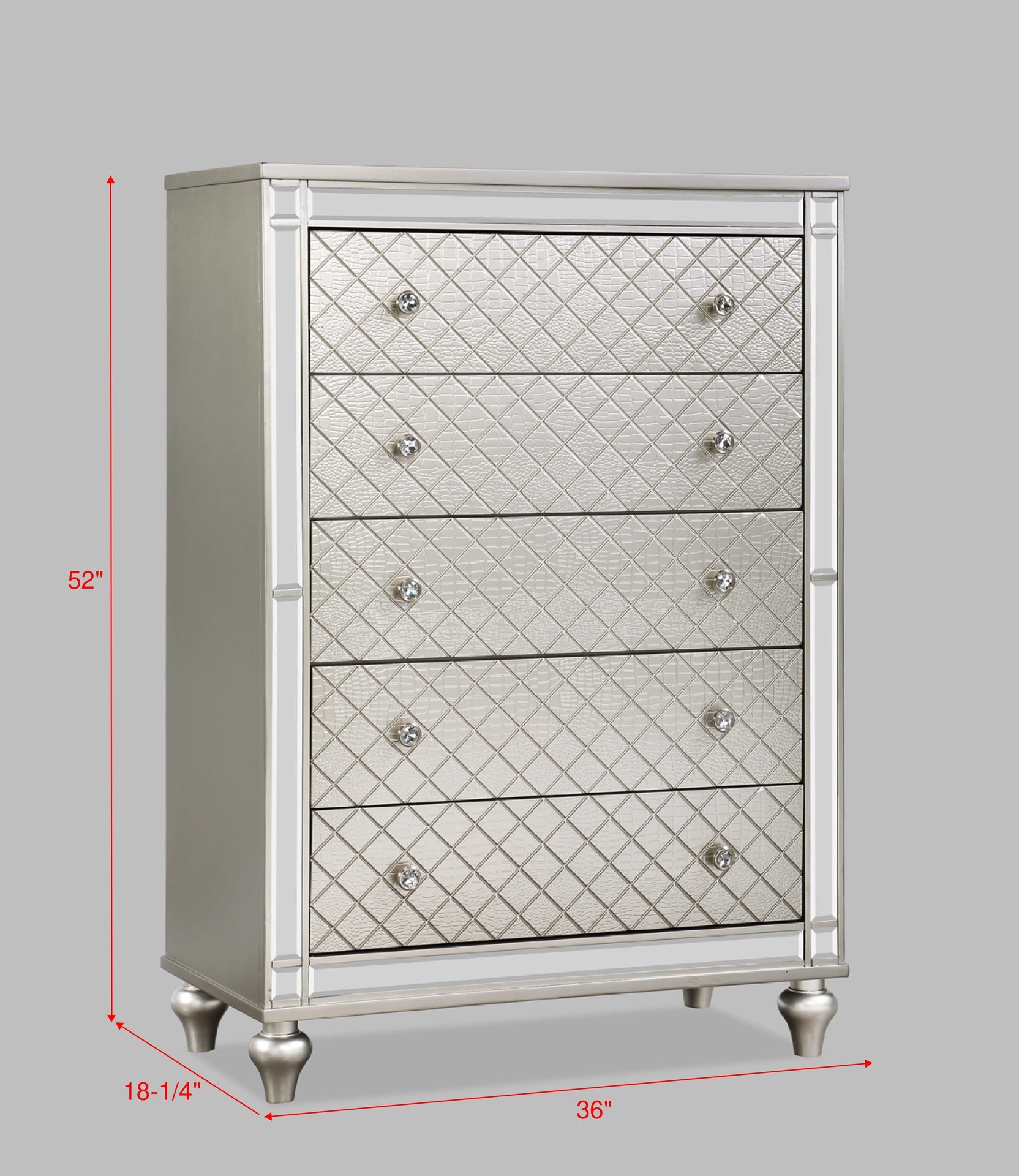 1pc Glam 5-Drawer Bedroom Chest Diamond Patterned Drawer Fronts Silver Finish