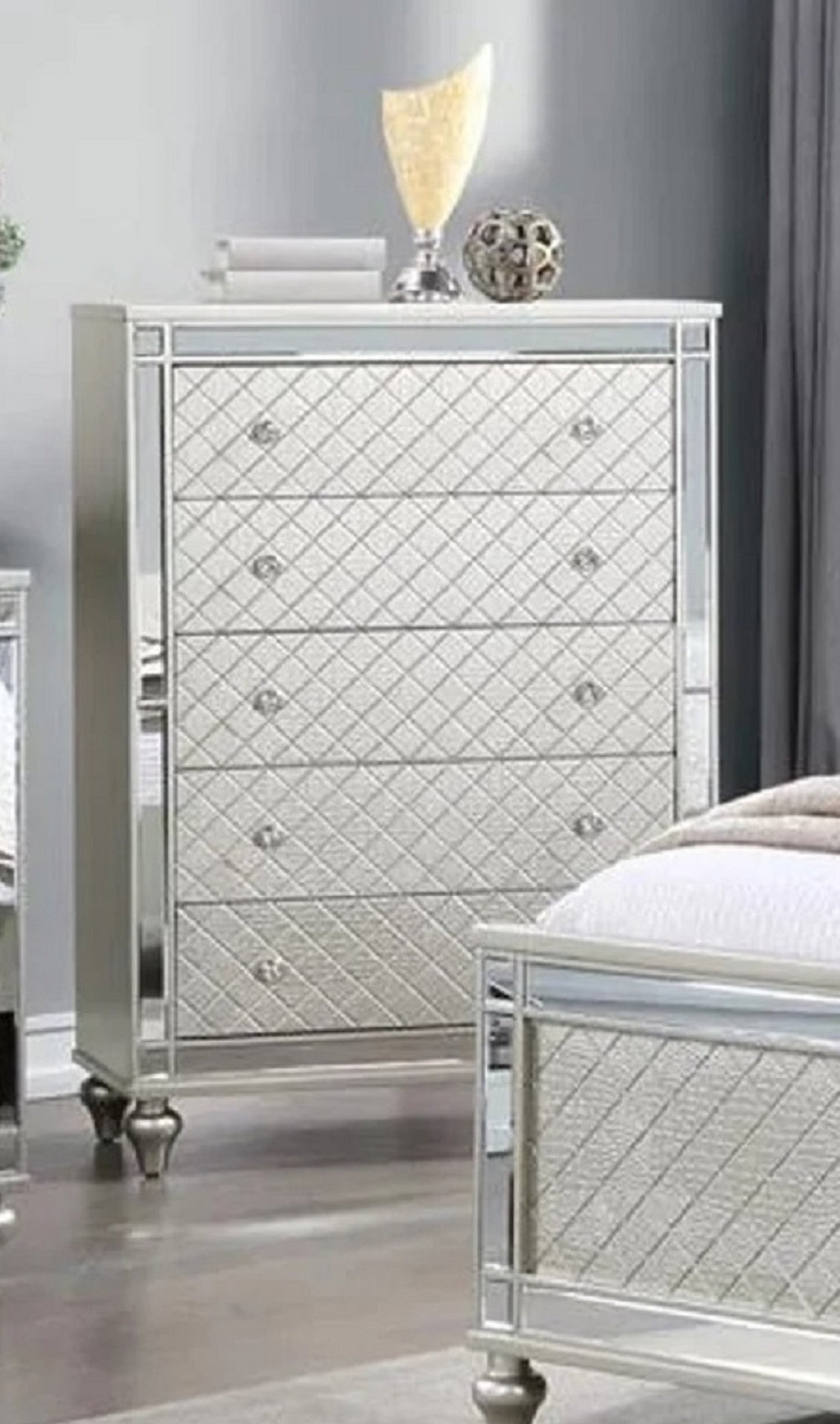 1pc Glam 5-Drawer Bedroom Chest Diamond Patterned Drawer Fronts Silver Finish