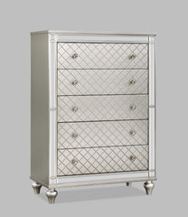 1pc Glam 5-Drawer Bedroom Chest Diamond Patterned Drawer Fronts Silver Finish