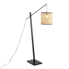 Arturo Contemporary Floor Lamp in Black Wood and Black Steel with Rattan Shade by LumiSource