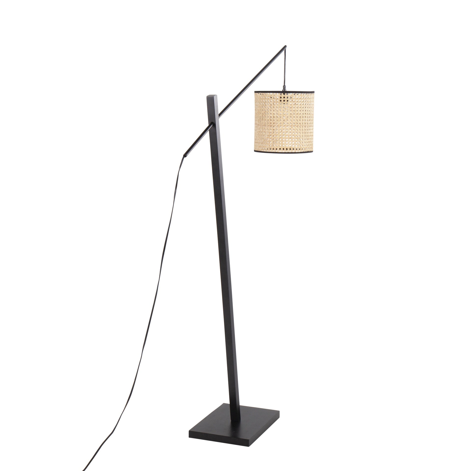 Arturo Contemporary Floor Lamp in Black Wood and Black Steel with Rattan Shade by LumiSource