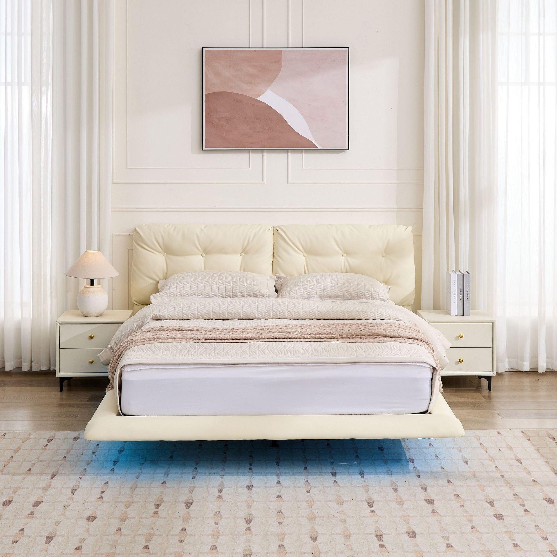 Queen Size Upholstered Floating Bed Frame with LED Lights, Pu Leather Platform Bed with Button-Tufted Headboard, Easy Assembly, No Box Spring Needed, White
