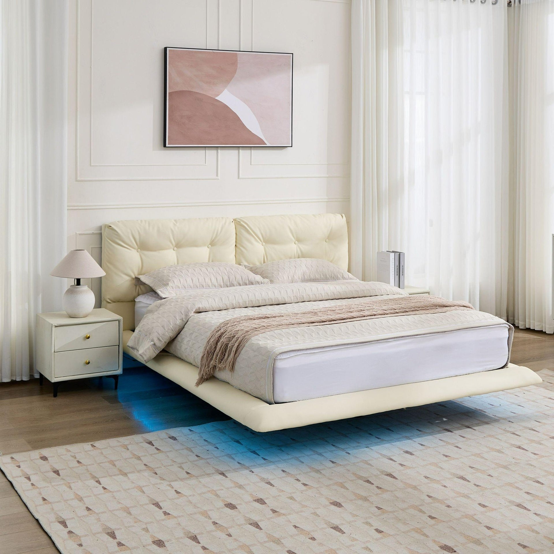 Queen Size Upholstered Floating Bed Frame with LED Lights, Pu Leather Platform Bed with Button-Tufted Headboard, Easy Assembly, No Box Spring Needed, White