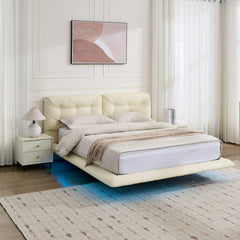 Queen Size Upholstered Floating Bed Frame with LED Lights, Pu Leather Platform Bed with Button-Tufted Headboard, Easy Assembly, No Box Spring Needed, White