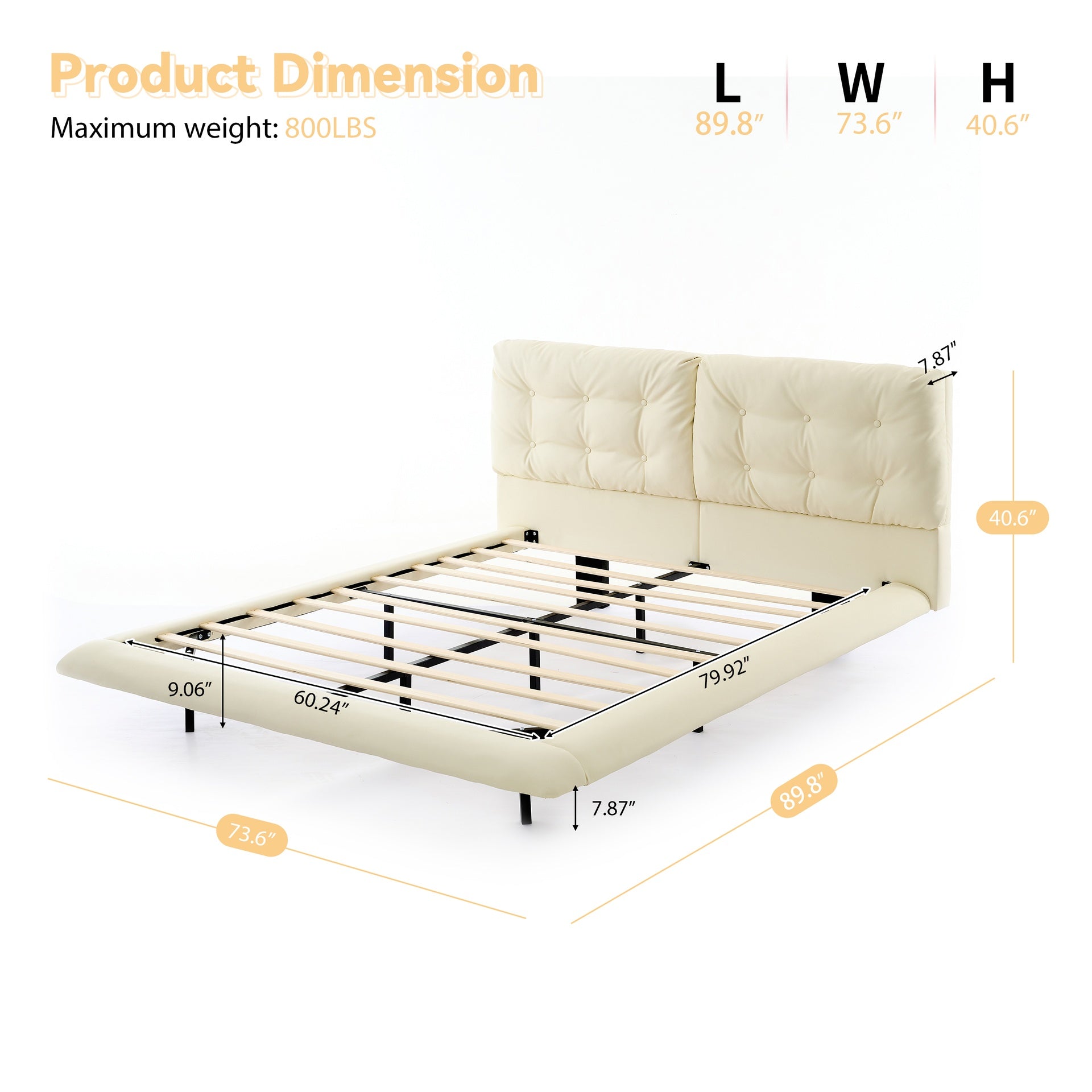 Queen Size Upholstered Floating Bed Frame with LED Lights, Pu Leather Platform Bed with Button-Tufted Headboard, Easy Assembly, No Box Spring Needed, White