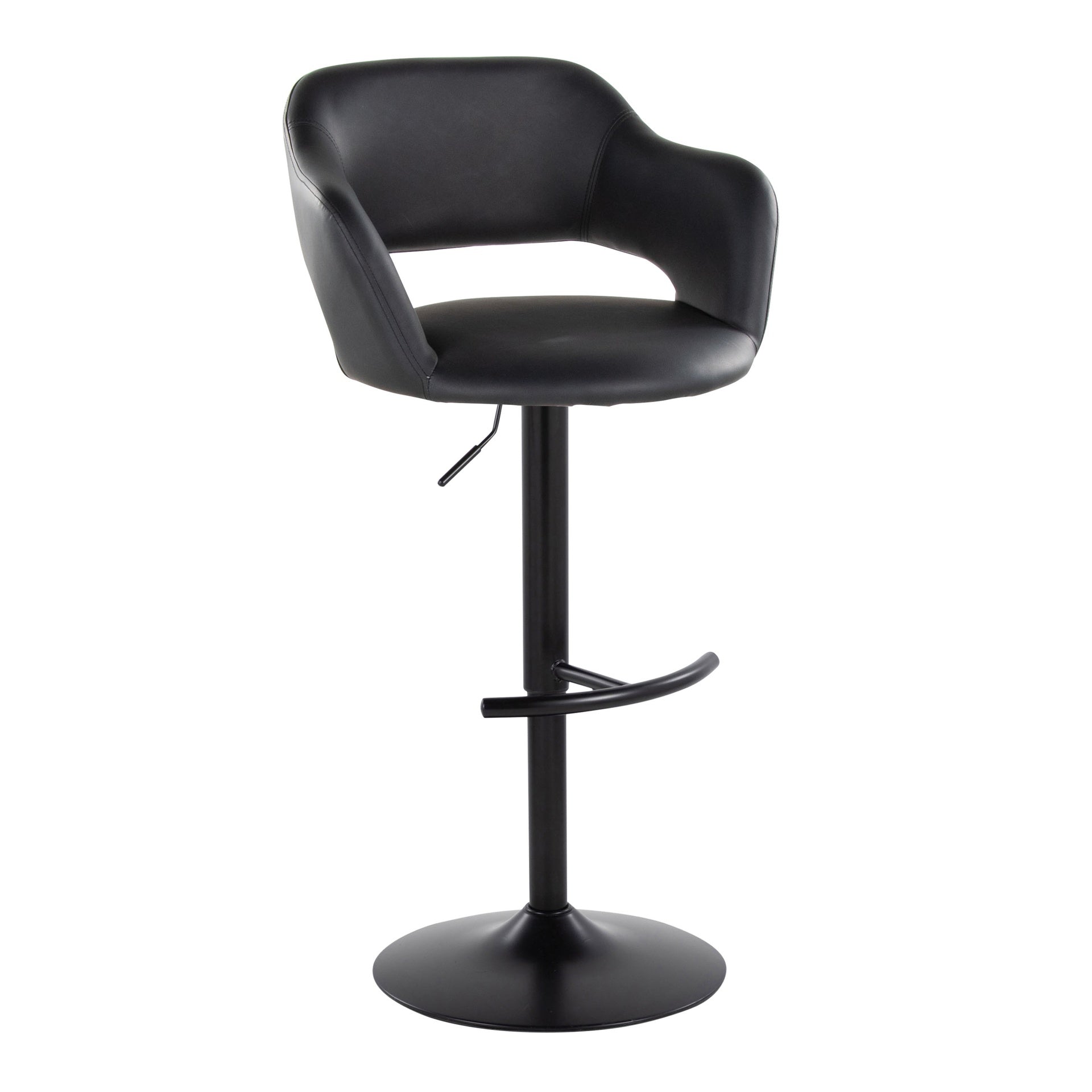 Margarite Contemporary Adjustable Barstool with Swivel in Black Metal and Black Faux Leather with Rounded T Footrest by LumiSource - Set of 2