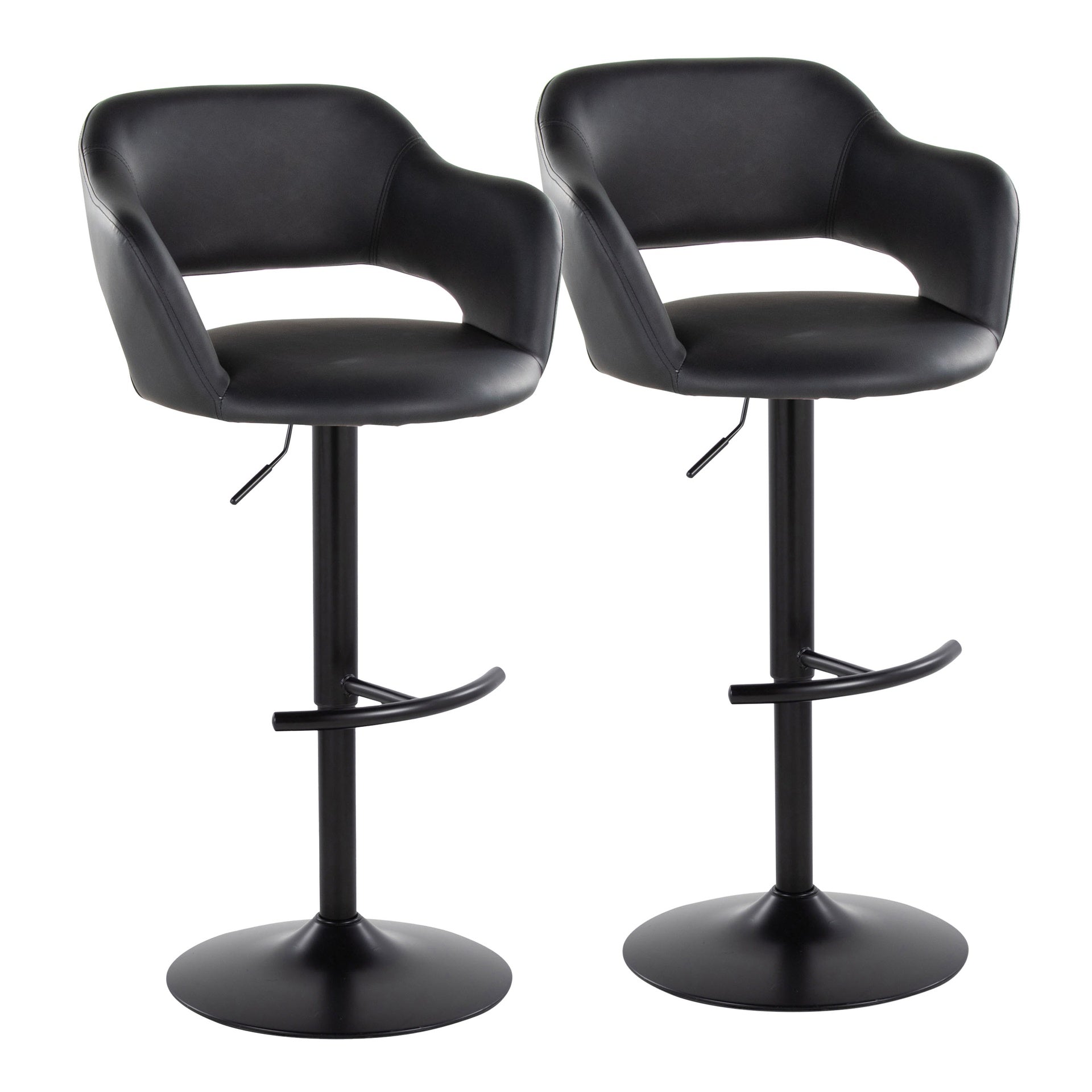 Margarite Contemporary Adjustable Barstool with Swivel in Black Metal and Black Faux Leather with Rounded T Footrest by LumiSource - Set of 2