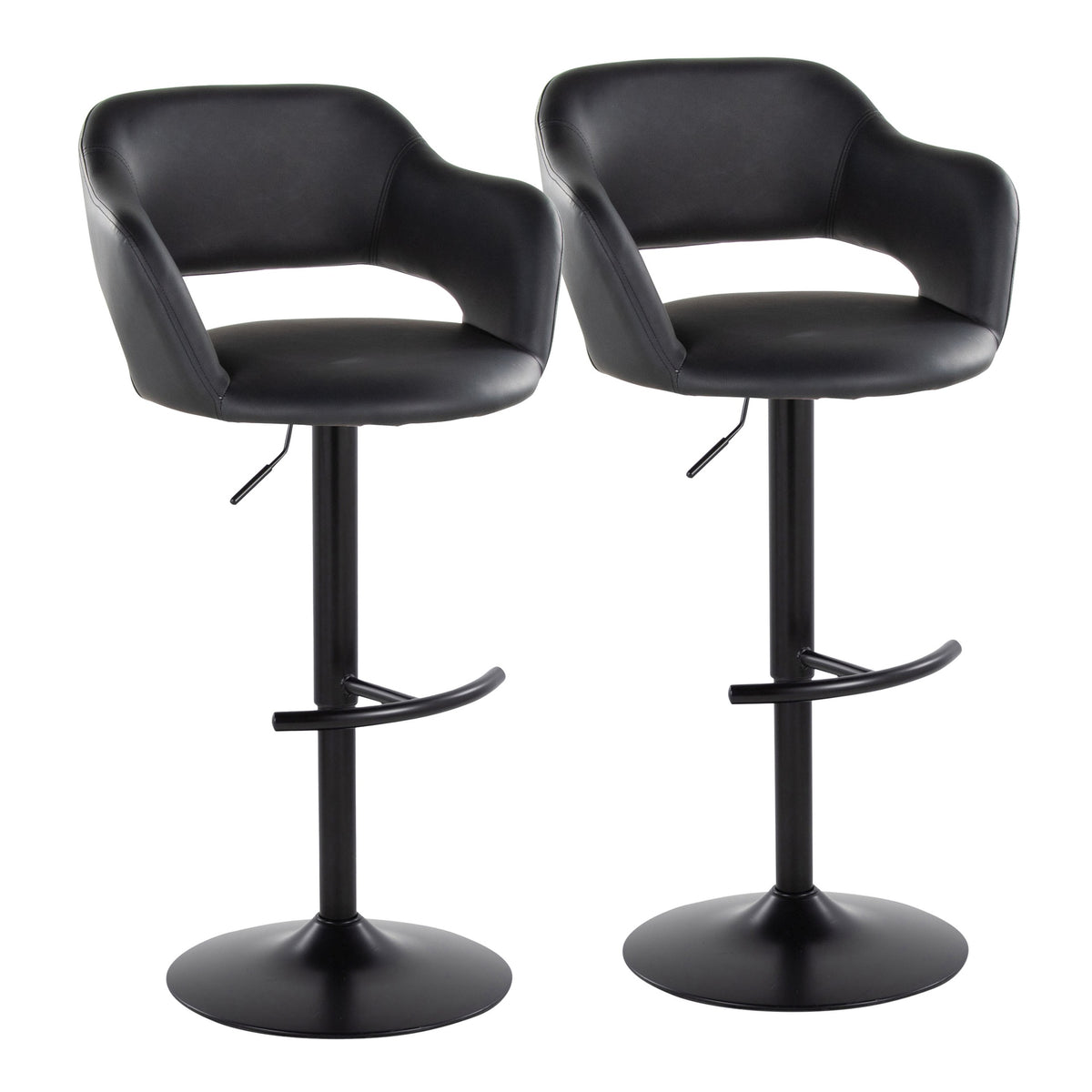 Margarite Contemporary Adjustable Barstool with Swivel in Black Metal and Black Faux Leather with Rounded T Footrest by LumiSource - Set of 2