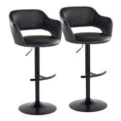 Margarite Contemporary Adjustable Barstool with Swivel in Black Metal and Black Faux Leather with Rounded T Footrest by LumiSource - Set of 2